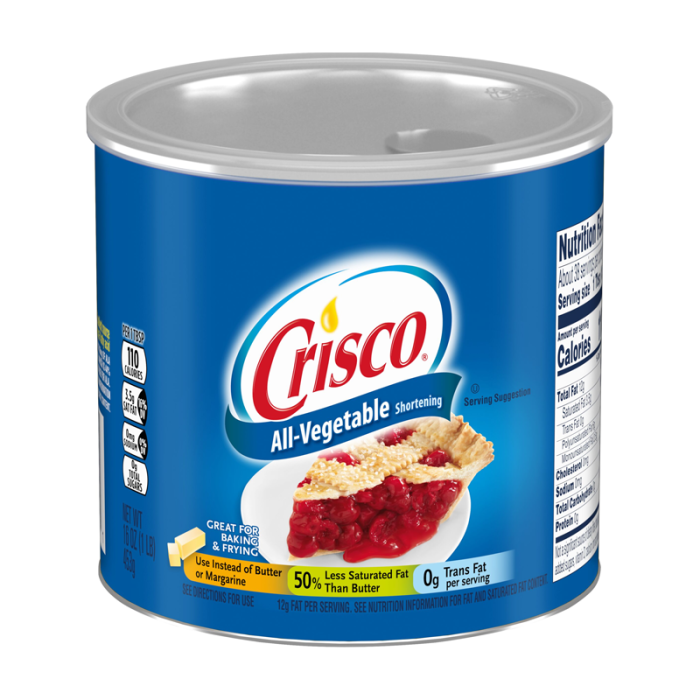 Front of Crisco All Vegetable Shortening can showing logo, 453g pack size, and image of pie with filling