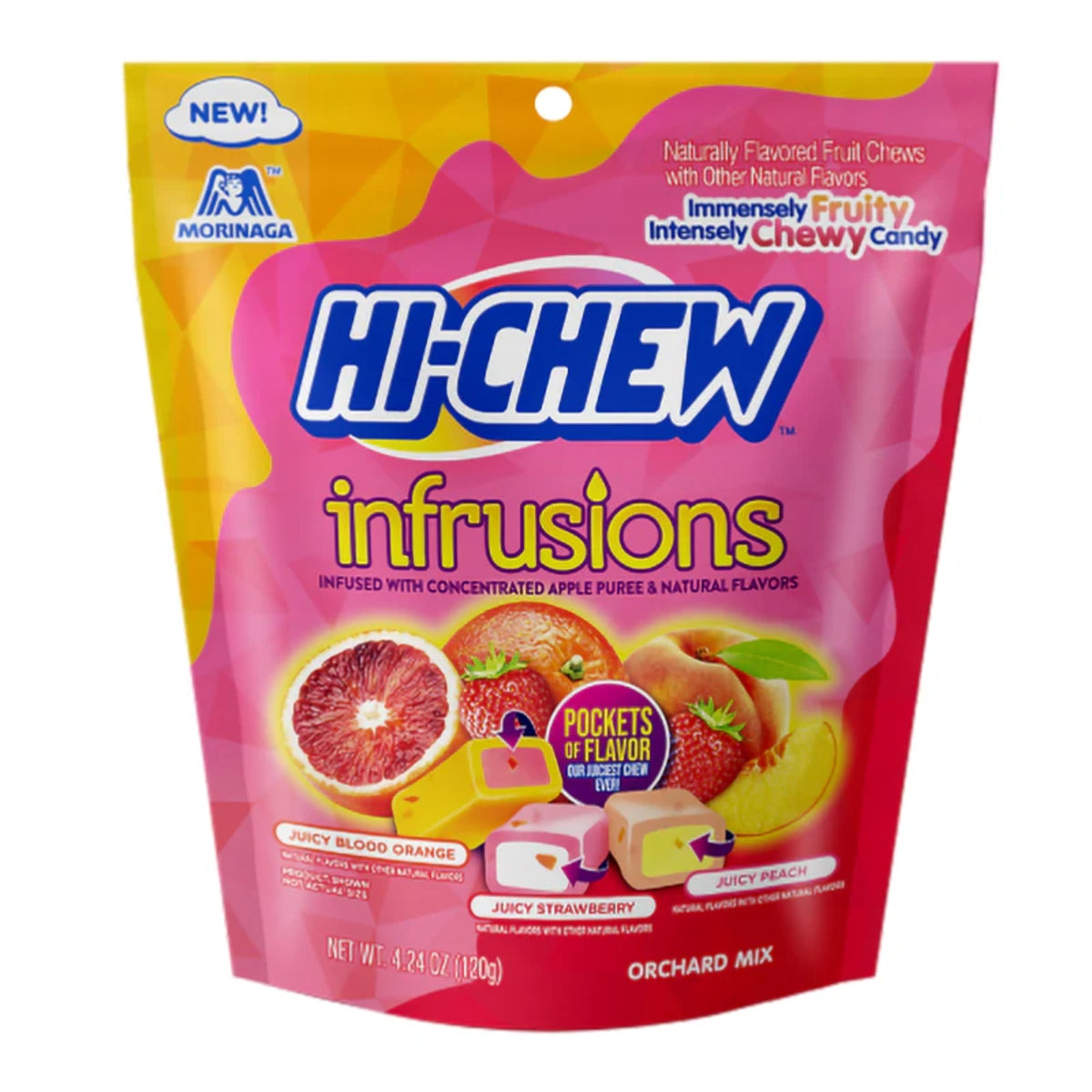 Front of Hi-Chew Infrusions Orchard Mix bag featuring juicy blood orange, strawberry, and peach illustrations with logo (120g)