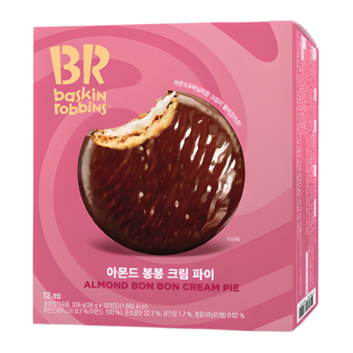 Front of Baskin Robbins Almond Cream Pie Bon Bon box showing the logo, image of an almond bon bon with a bite taken, and packaging details (336g pack)