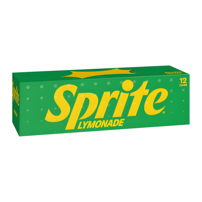 Front of Sprite Lymonade case showing green packaging with yellow logo and pack size of 12 cans (355ml each)