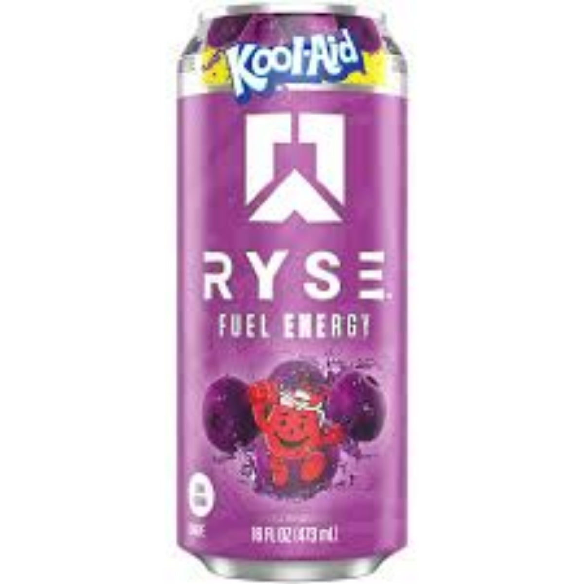 Front of Ryse Fuel Energy Drink Kool Aid Grape can showing the Kool-Aid logo, grape flavour visuals, and product details (473ml)