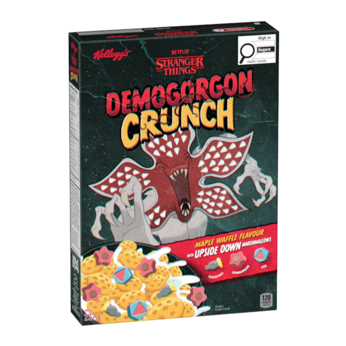 Front of Kellogg's Stranger Things Demogorgon Crunch Cereal box featuring the Demogorgon design, maple waffle flavour, and upside down marshmallows (232g)