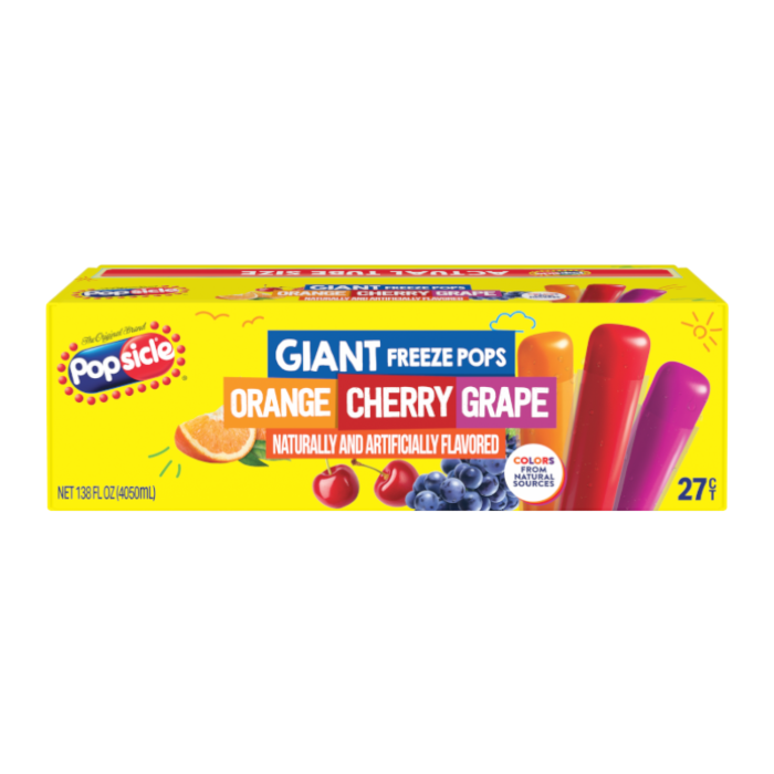 Front of Popsicle Giant Freeze Pops box showcasing orange, cherry, and grape flavours with a vibrant yellow background (27 pack)