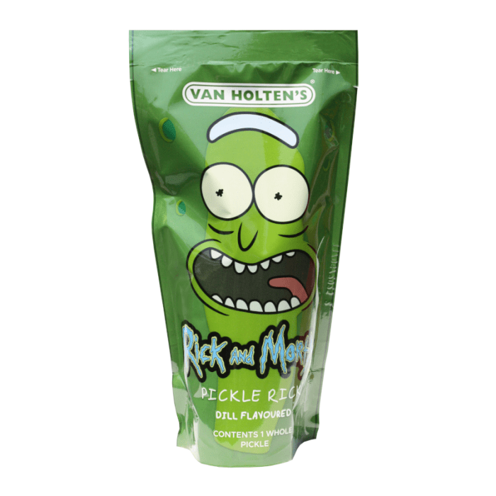 Front of Van Holten's Pickle Rick Pickle In-a-Pouch showing the character design, dill flavour label, and pack size (306g)