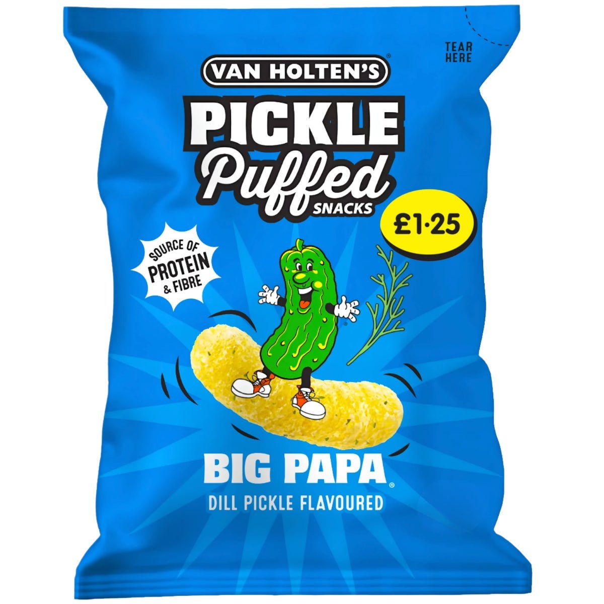 Front of a blue bag of Van Holten’s Puffed Snacks Pickle Big Papa showing bright logo, dill pickle flavour, and pack size (50g)