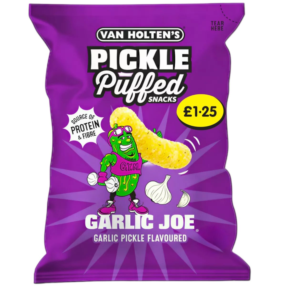 Front of Van Holten’s Puffed Snacks Pickle Garlic Joe bag displaying bold purple packaging, garlic pickle flavour, and 50g size