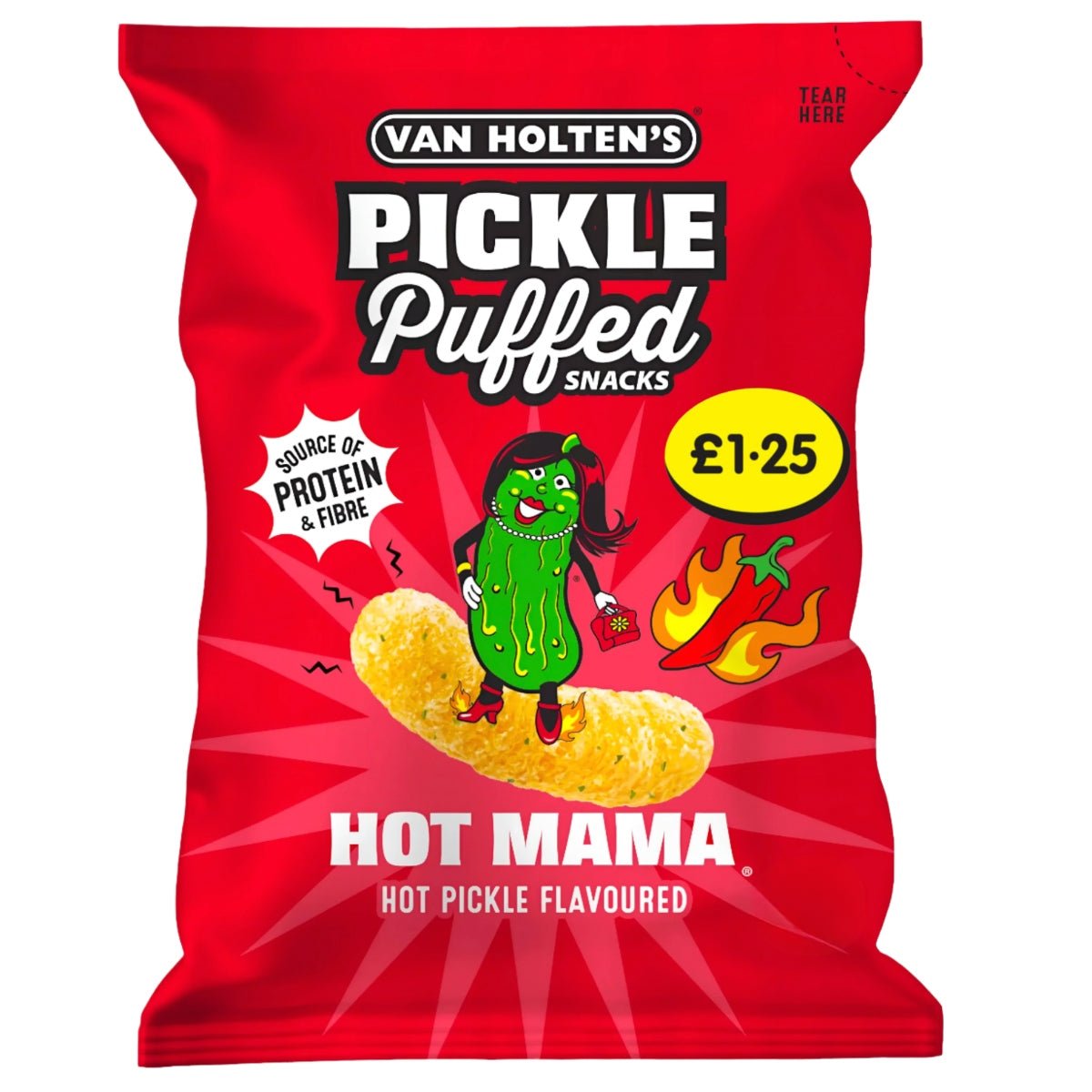 Front of Van Holten’s Puffed Snacks Pickle Hot Mama 50g bag showing vibrant red packaging, hot pickle flavour, and a playful character.