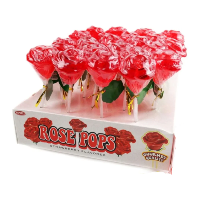 Front of Espeez Red Rose Pops box showing red rose-shaped lollipops with strawberry flavour label (34g pack)