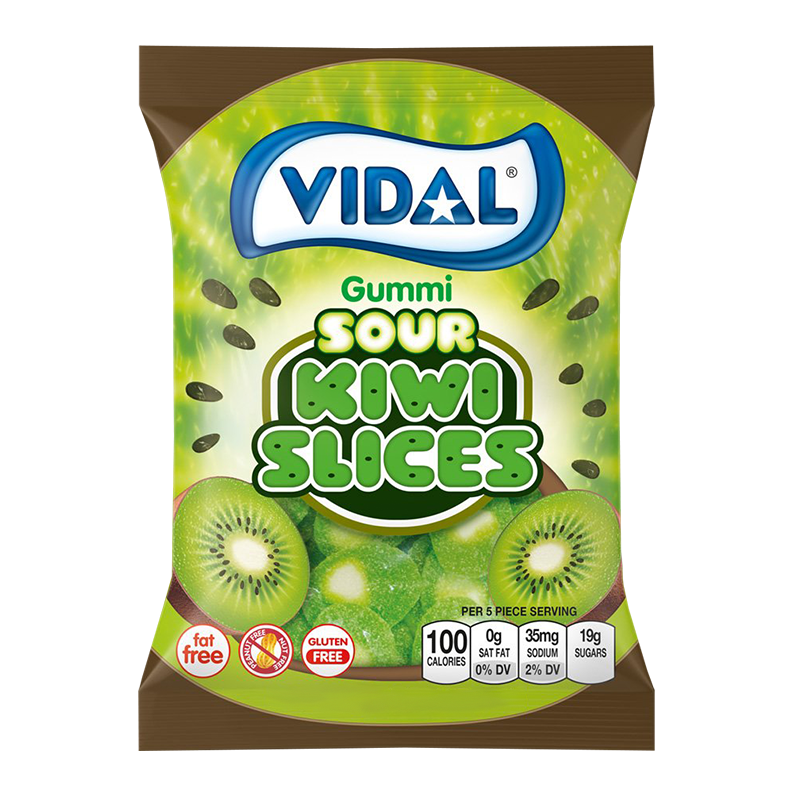 Front of Vidal Sour Kiwi Slices bag showcasing the brand logo, vibrant green packaging, and images of kiwi slices (100g pack)