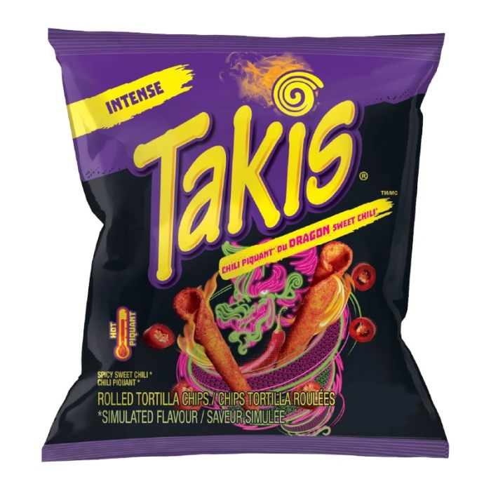 Front of Takis Dragon Sweet Chilli Rolled Tortilla Corn Chips bag showing bold logo, vibrant packaging with sweet chilli flavour, and 28g pack size.