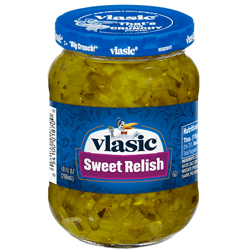 Front of Vlasic Sweet Relish jar showing the blue label with white logo, sweet relish name, and visible jar contents (296g pack)