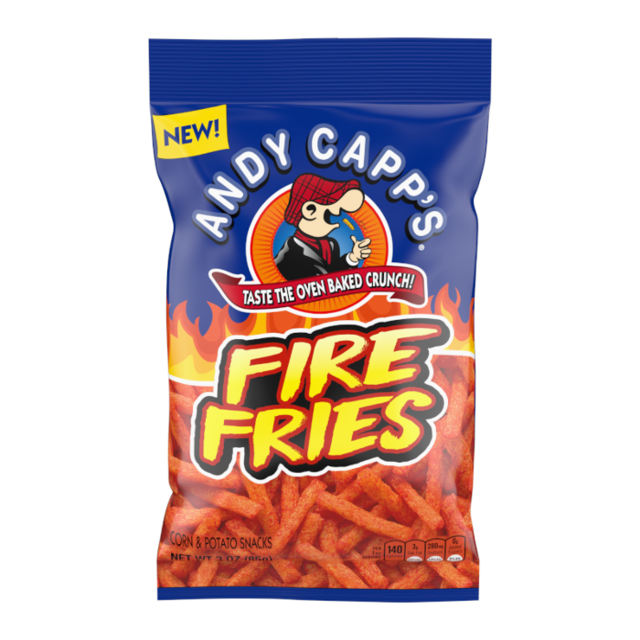 Front of Andy Capp's Fire Fries bag featuring the logo, vibrant flames, and a serving of crunchy fries (85g pack)