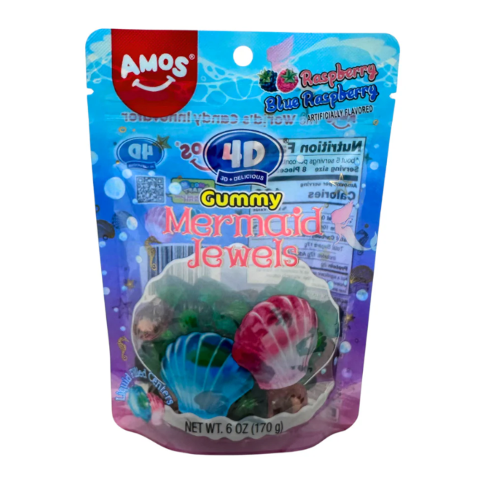 Front of Amos Gummy Mermaid Jewels (170g) bag showing colourful gummy mermaid jewel shapes with the brand logo and product name.
