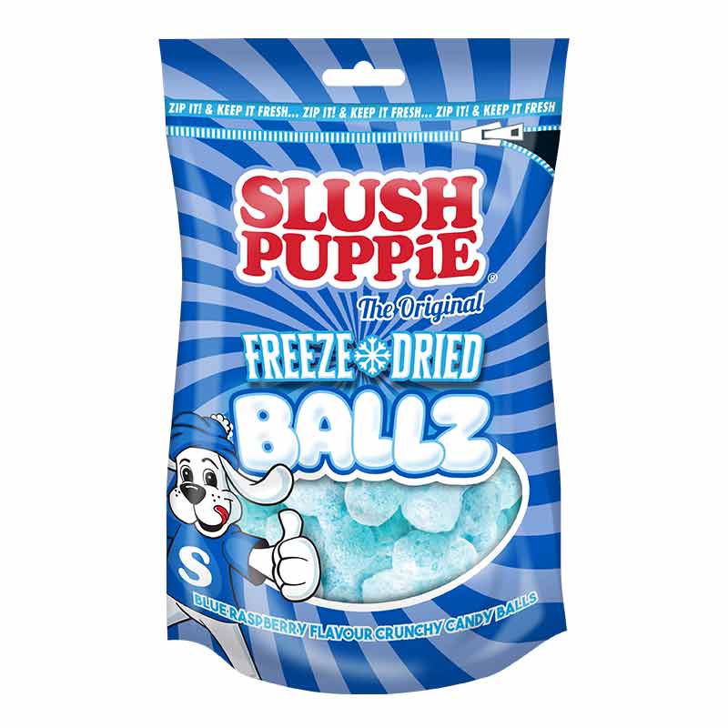 Front of Slush Puppie Freeze Dried Ballz pouch showing blue raspberry flavour and colourful candy balls (35g pack)