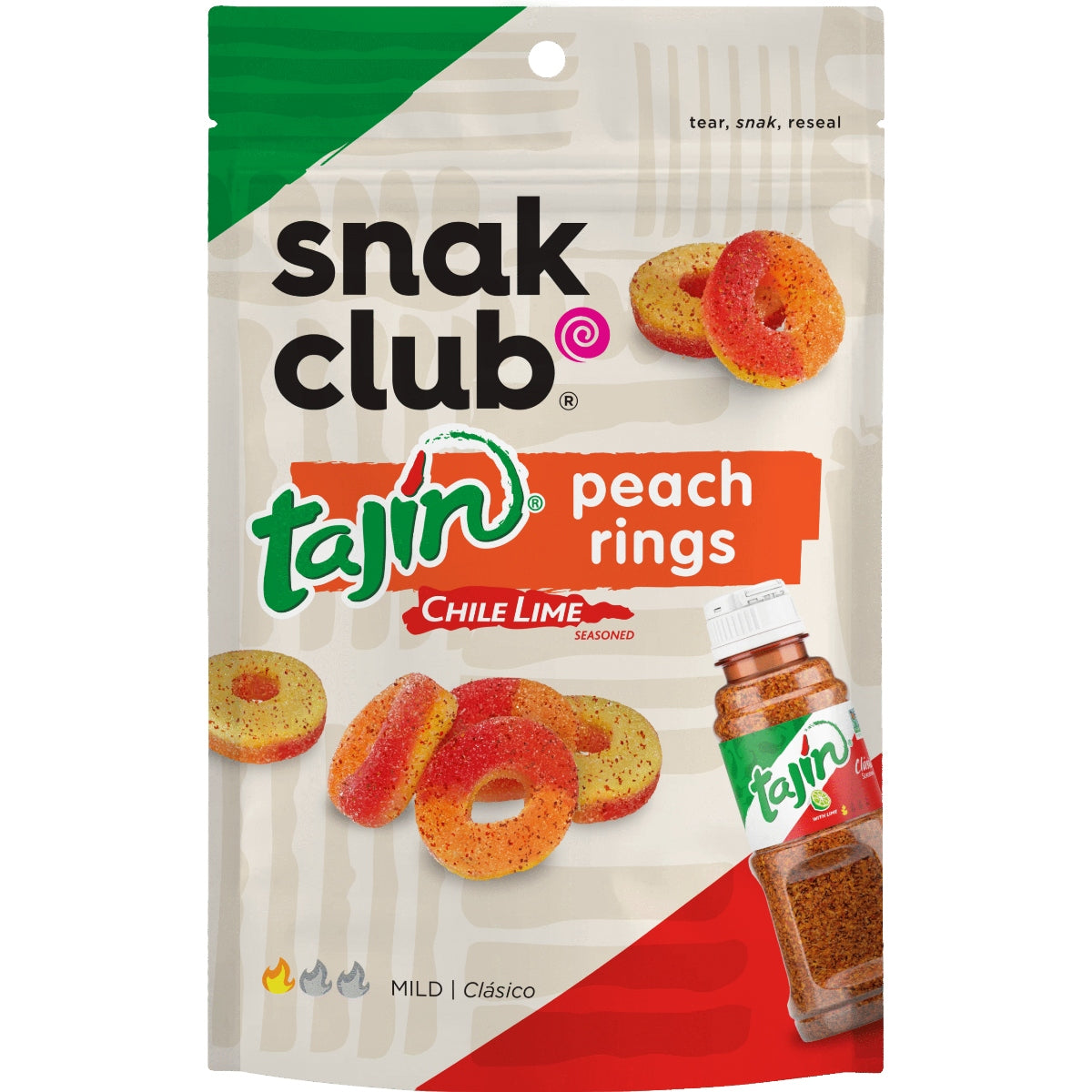 Front of Snak Club Tajin Peach Rings pouch showing bold logo, peach flavour label, and colourful gummy rings (71g pack)