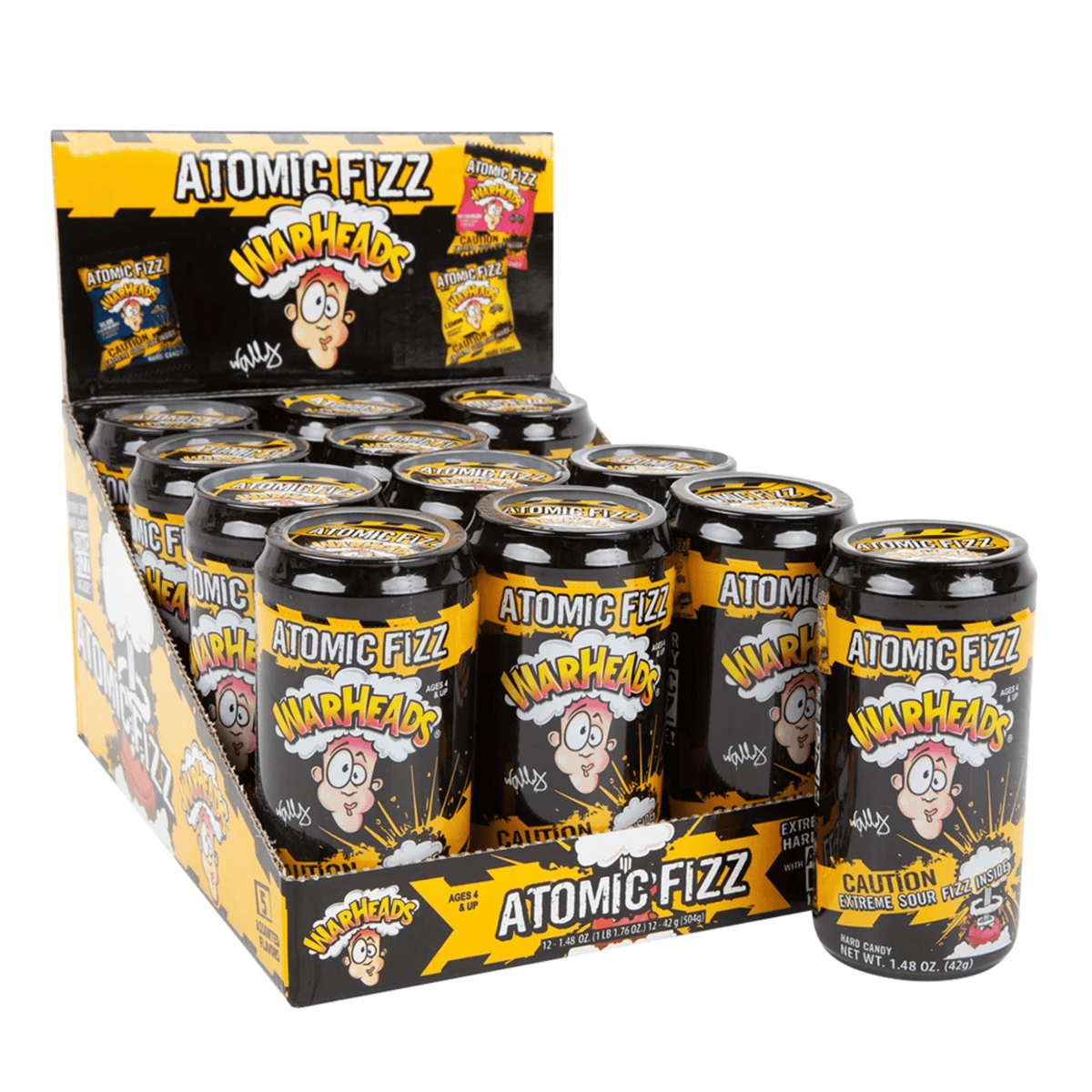 Front of Warheads Atomic Fizz Hard Candy Canister showing logo, extreme sour label, and pack size (42g)