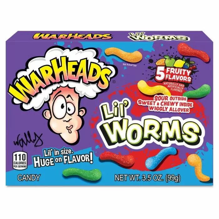 Front of Warheads Lil' Worms Theatre Box showing logo, vibrant colours, and depiction of 5 fruity flavours (99g pack)