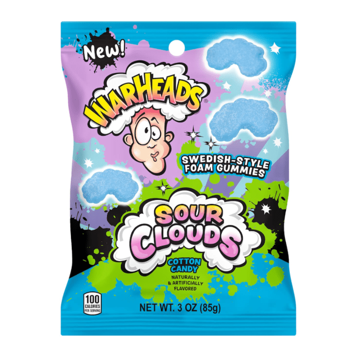 Front of a blue bag of Warheads Sour Clouds Cotton Candy showing logo, cotton candy flavour label, and 85g pack size.