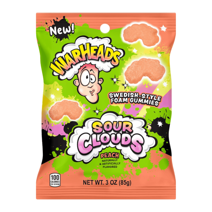 Front of a bag of Warheads Sour Clouds Peach showing colourful design, logo, and foam gummies with pack size (85g)