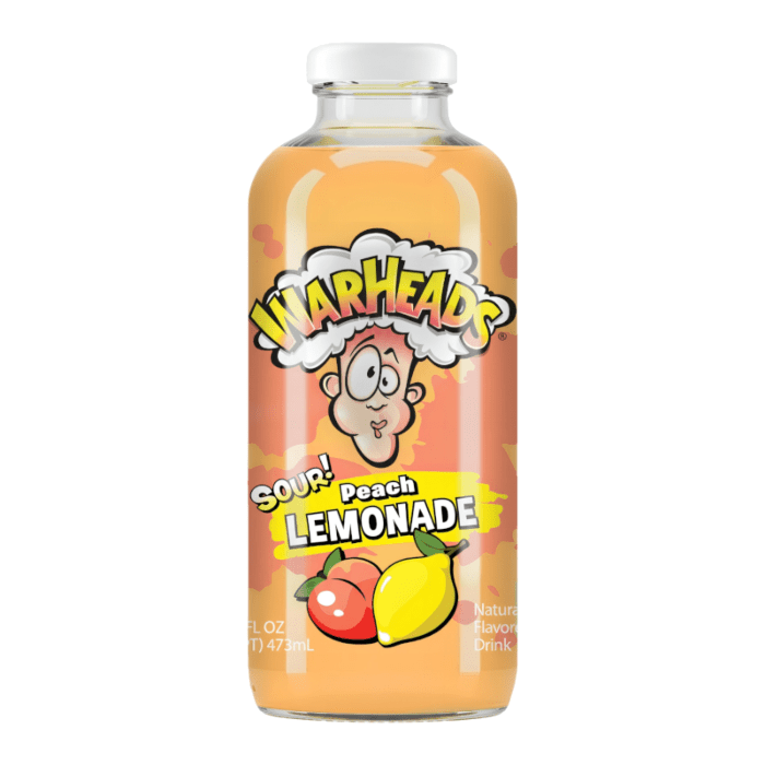 Front of Warheads Sour Peach Lemonade bottle showing the brand logo, peach flavour text, and pack size (473ml)