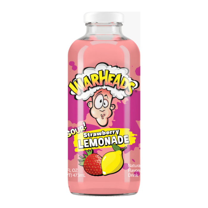 Front of Warheads Sour Strawberry Lemonade bottle featuring bold logo, playful character, and strawberry and lemon imagery (473ml)