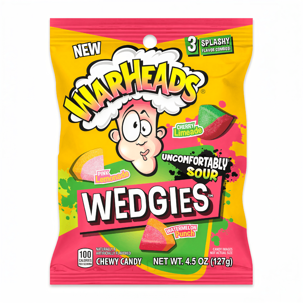 Front of Warheads Wedgies bag showing colourful logo, sour candy pieces, and flavours: pink lemonade, cherry limeade, and watermelon punch (127g pack)