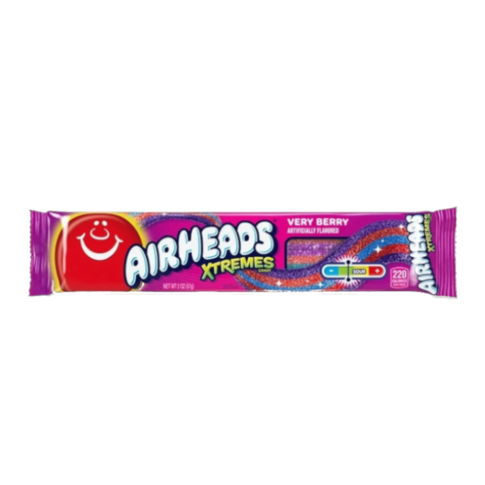 Front of Airheads Xtremes Belts Very Berry showing logo, berry flavour, and 57g pack size