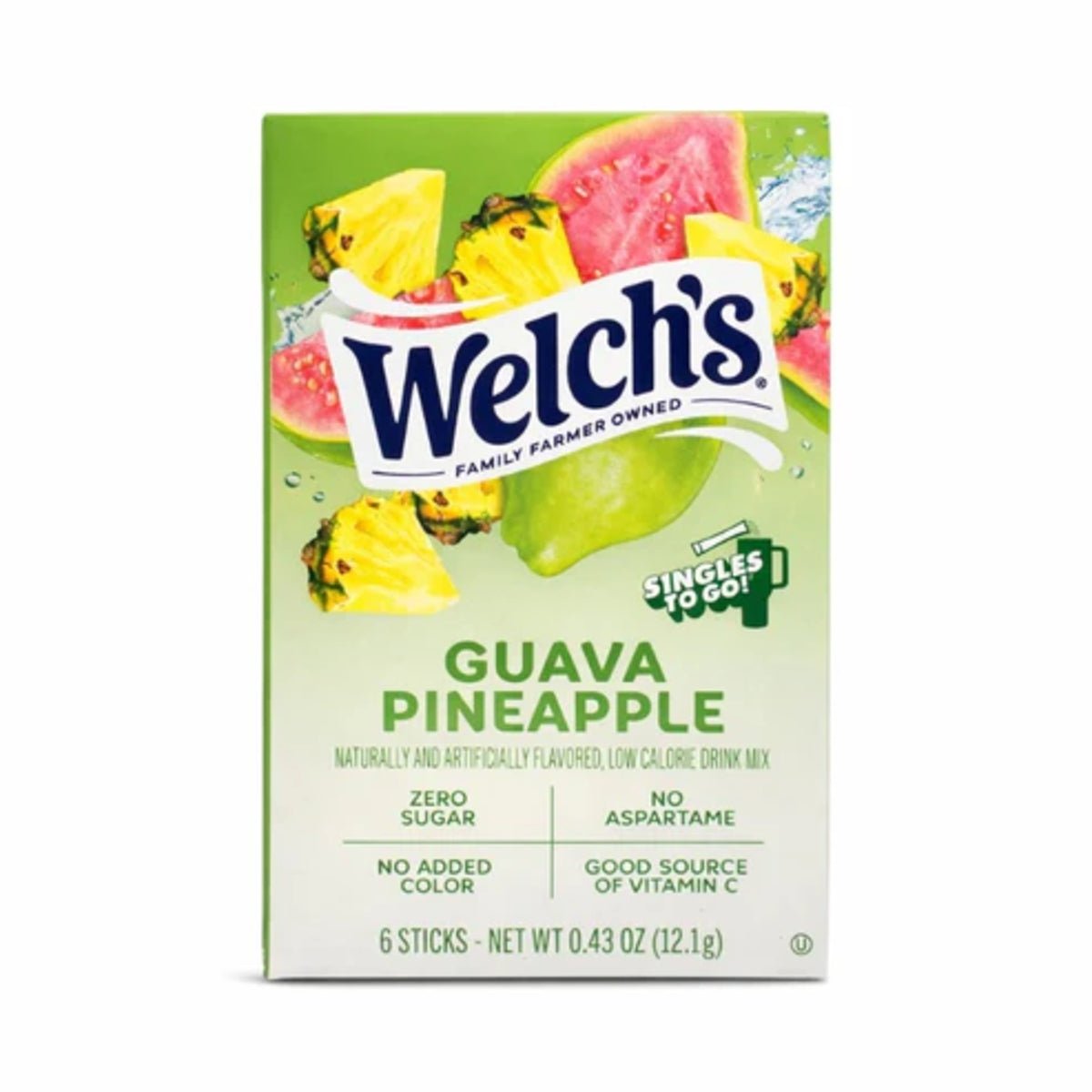 Front of Welch's Guava Pineapple Singles to Go box featuring logo, flavour name, and pack size (12.1g with 6 sticks)