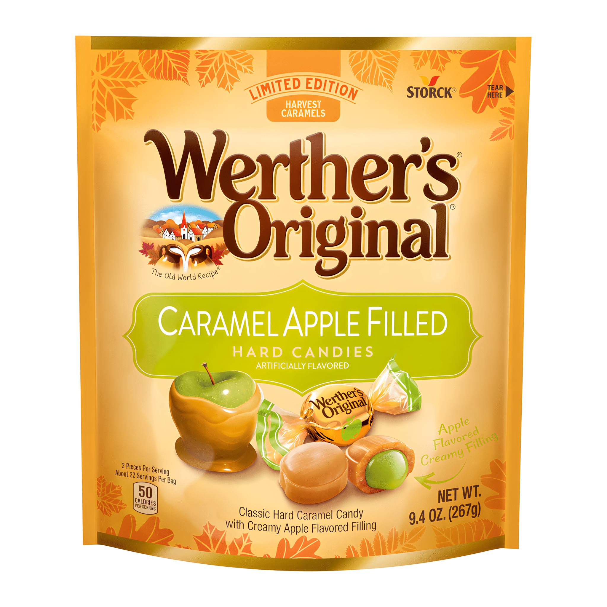Front of Werther's Original Caramel Apple Filled Hard Candies bag showing logo, caramel apple flavour details, and pack size (267g)