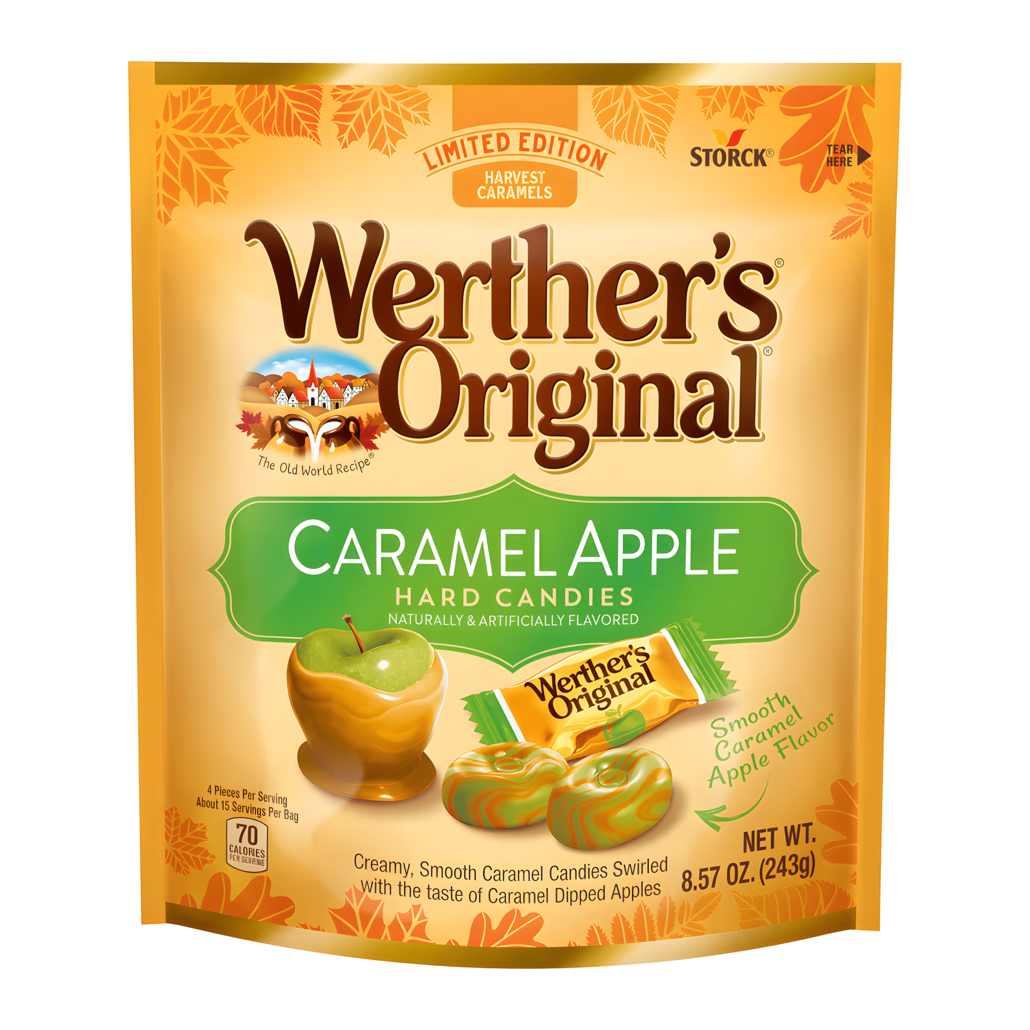 Front of Werther's Original Caramel Apple Swirled Hard Candies bag displaying the logo, caramel apple flavour, and 243g pack size.