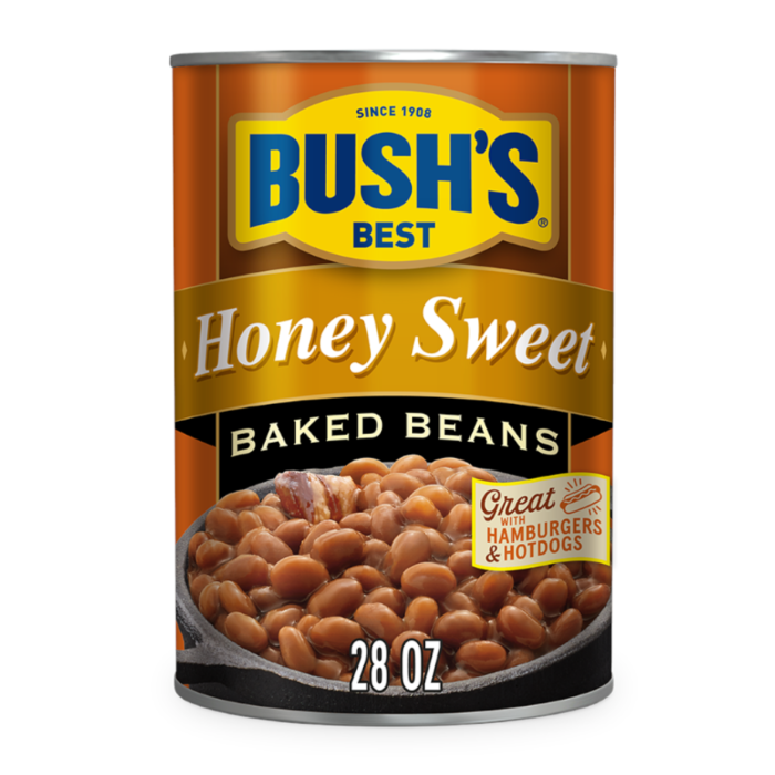 Front of Bush's Best Honey Sweet Baked Beans can showing brand logo, honey sweet flavour, and baked beans in a black dish (794g)