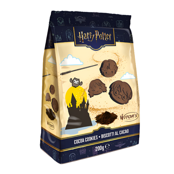 Front of Harry Potter Cocoa Cookies 200g bag featuring wizard-themed shapes, logo, and enchanting design elements.