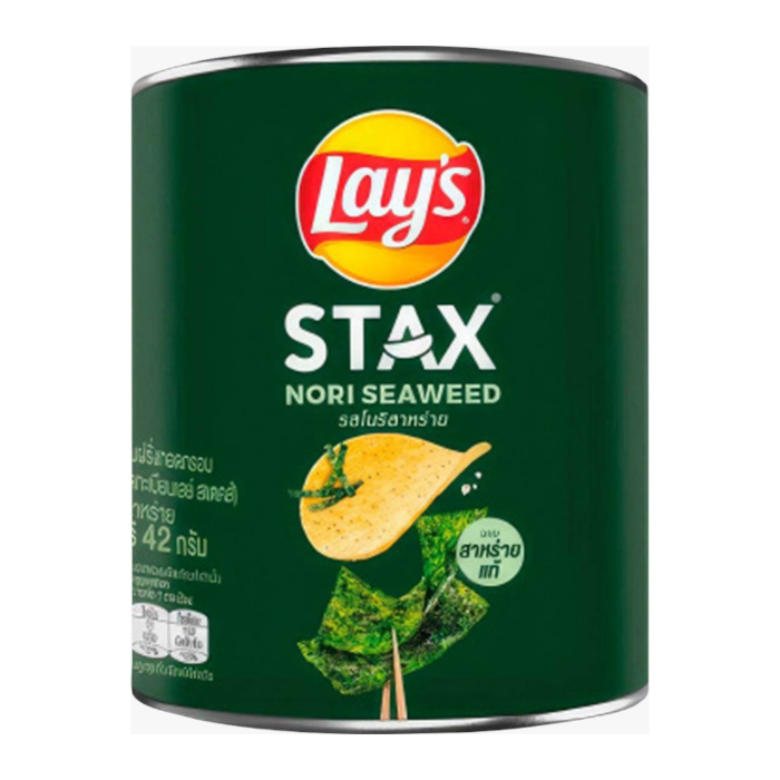 Front of Lays Stax Mini Canister Nori Seaweed showing the logo, nori seaweed flavour details, and pack size (42g canister)