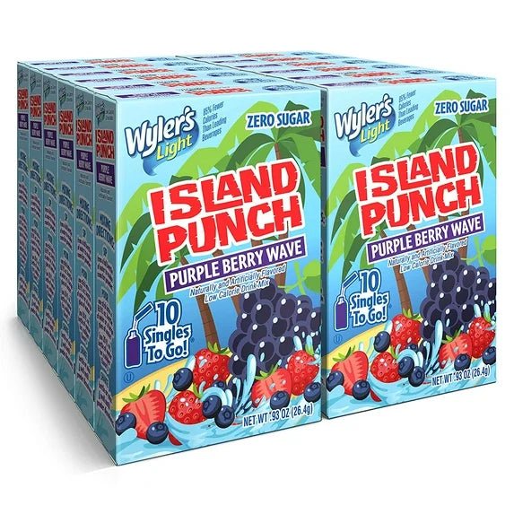 Front of Wyler's Island Punch Purple Berry Wave Singles To Go 12 pack showing logo, bright design, and fruit illustrations (309.6g total)