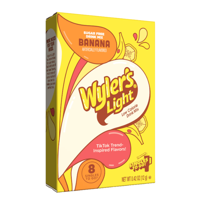 Front of Wyler's Light Singles To Go Watertok Banana box showing bright yellow packaging, sugar-free label, and 12g pack size