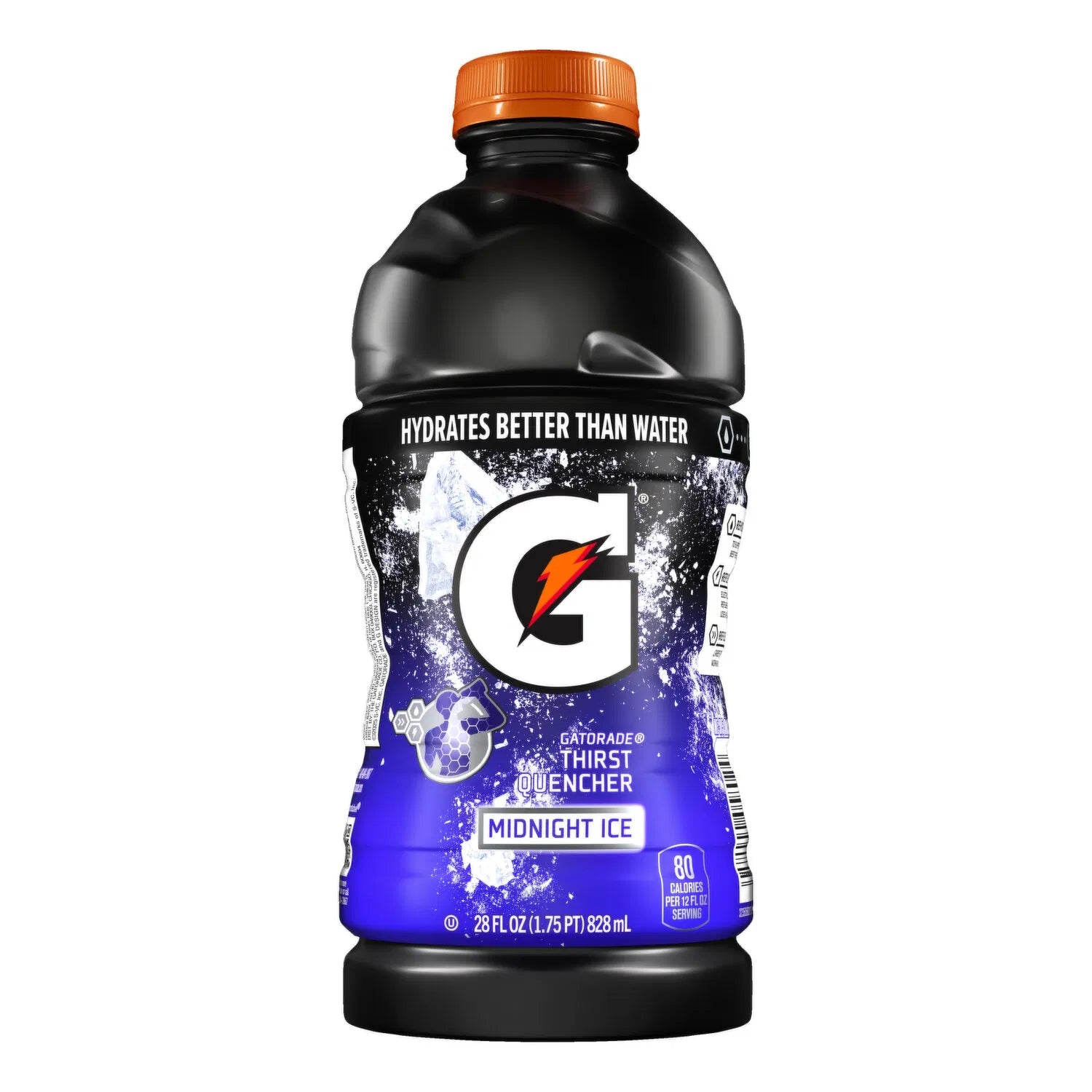   
Front label of Gatorade Thirst Quencher with Midnight Ice, 828ml  

