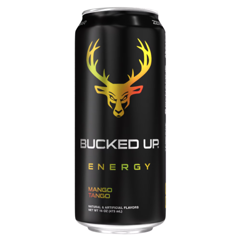 Front of Bucked Up Energy Mango Tango can showing vibrant logo, mango flavour text, and 473ml size.