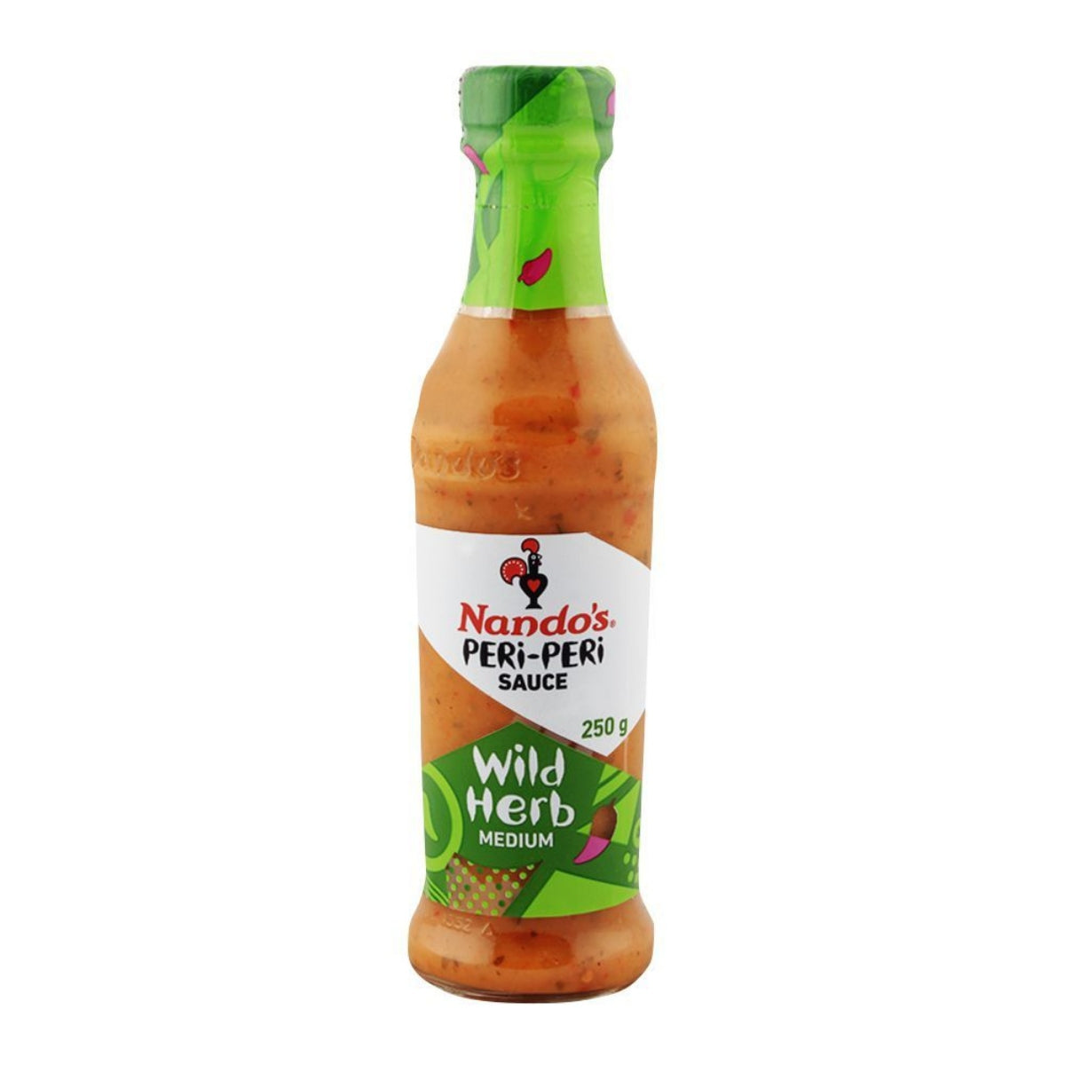 Front of Nando's Wild Herbs Sauce bottle featuring brand logo, Wild Herb label, and pack size (250g)