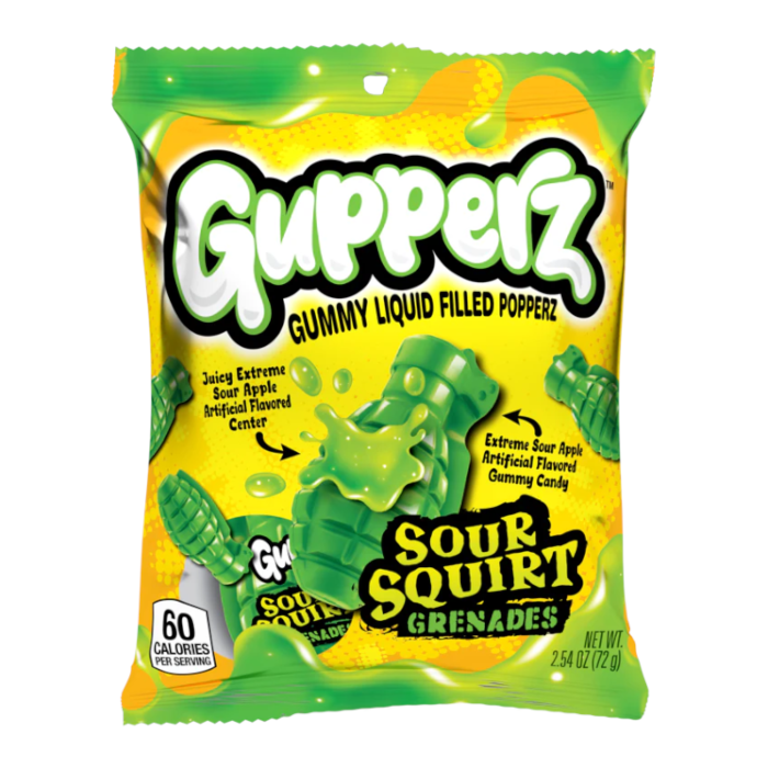 Front of Gupperz Sour Squirt Grenade Liquid Filled Gummies bag showing vibrant green gummy grenades and bright yellow background (72g)