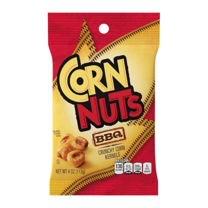 Front of a bag of Corn Nuts BBQ showing bold logo, crunchy corn kernels, and 113g pack size