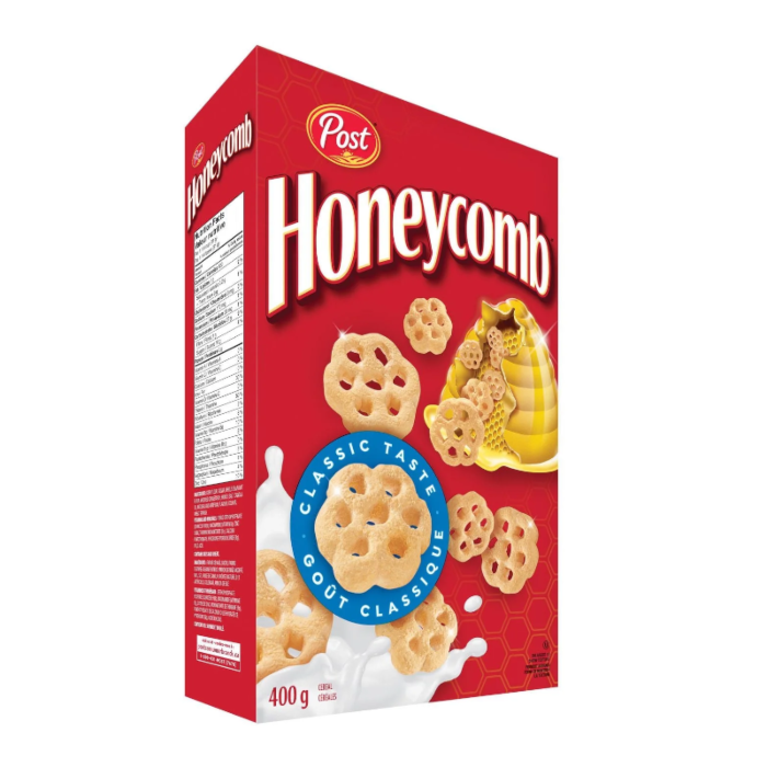 Front of Post Honeycomb Cereal box featuring classic honeycomb shapes, a honeycomb graphic, and a 400g label