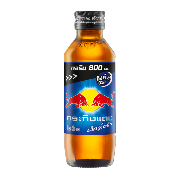 Front of Krating Daeng Red Bull Energy Drink Extra Zinc label showing logo, energising drink details, and 145ml size.