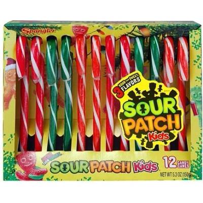 Front of Sour Patch Kids Candy Canes box showing colourful candy canes, logo, and festive theme (150g pack)