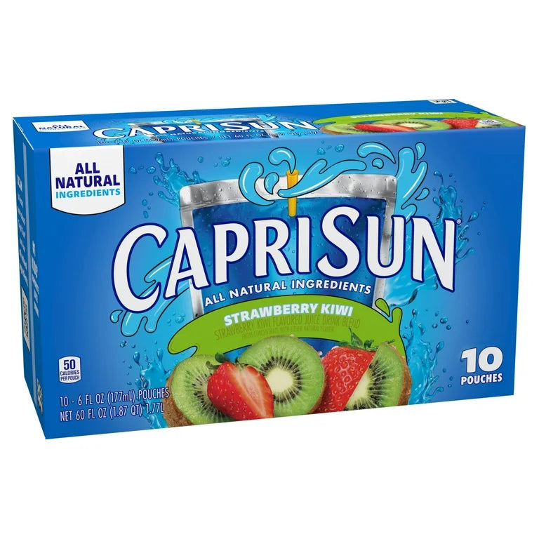 Front of Capri Sun Kiwi Strawberry case showing logo, kiwi and strawberry imagery, and the 10 pouches (10 x 177ml)