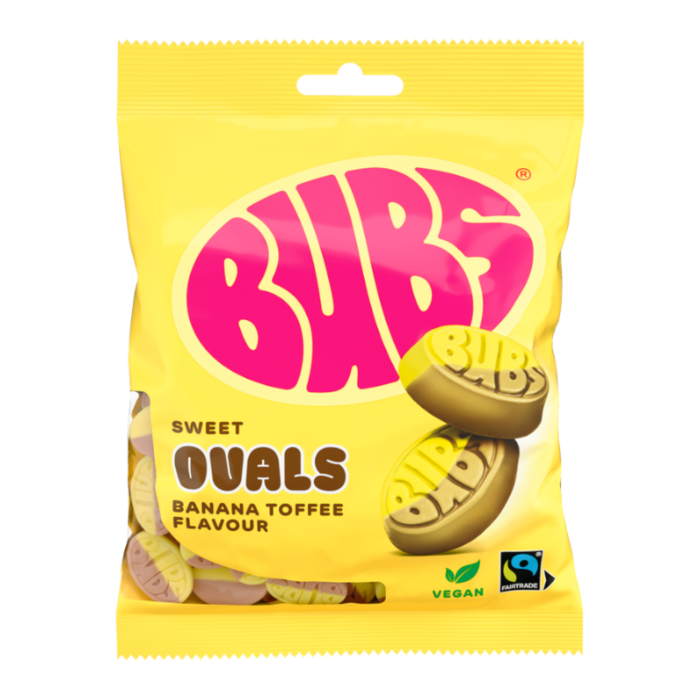 Front of BUBS Sweet Banana Toffee Ovals bag showing logo and sweet oval candies (156g pack)
