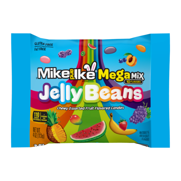 Front of Mike & Ike Mega Mix Jelly Beans bag showcasing vibrant colours, fruit images, and 113g pack size