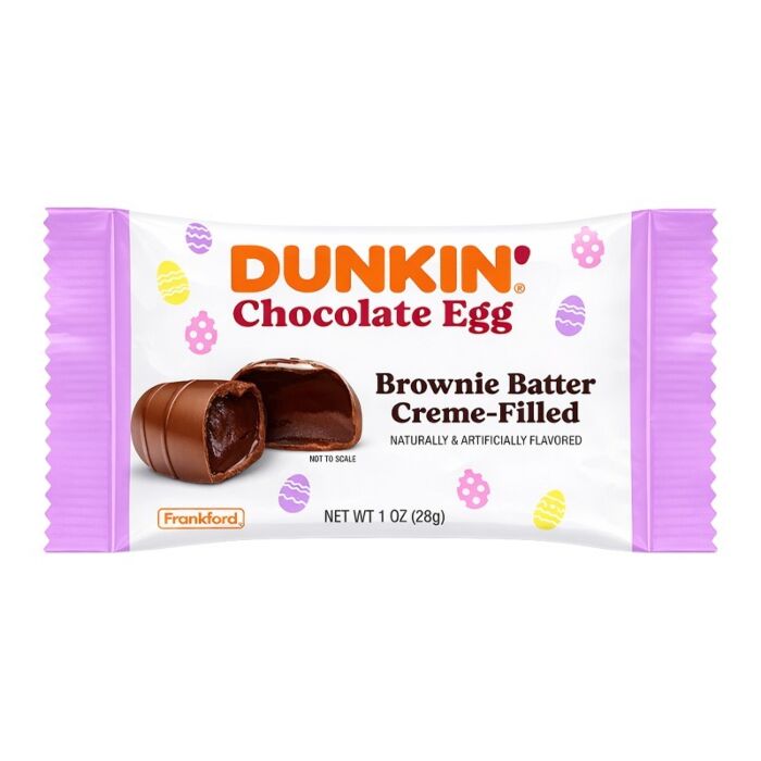 Front of Dunkin' Brownie Batter Creme Chocolate Egg packaging showing logo, brownie batter flavour, and image of the chocolate egg (28g pack)