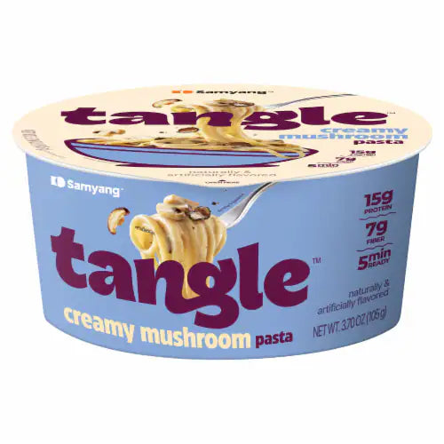 Front of Samyang Tangle Creamy Mushroom Flavour Pasta cup showing creamy pasta with mushroom elements and brand logo (105g pack)