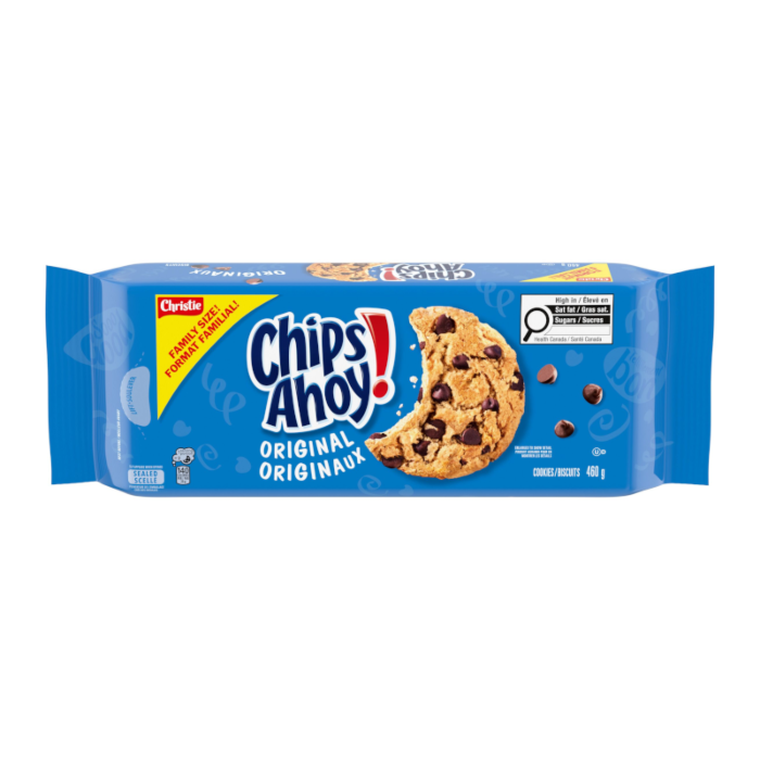 Front of Chips Ahoy Original Chocolate Chip Cookies pack showing blue packaging, logo, and a cookie with chocolate chips (460g pack)