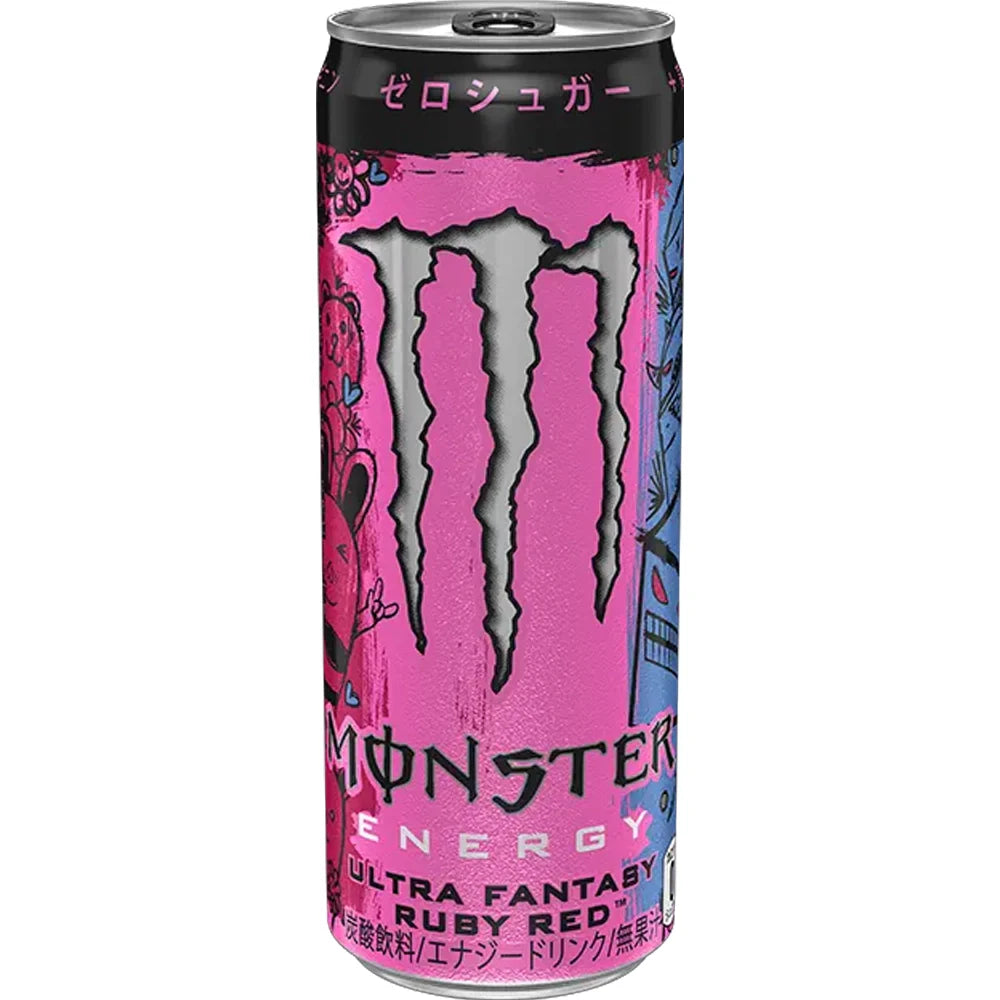 Front of a Monster Energy Ultra Fantasy Ruby Red can with vivid pink design, featuring logo and 355ml size.